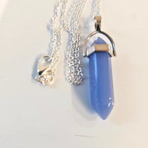 Blue Chalcedony Stone Crystal Bullet Point Pendant Necklace Silver Chain 24 inch